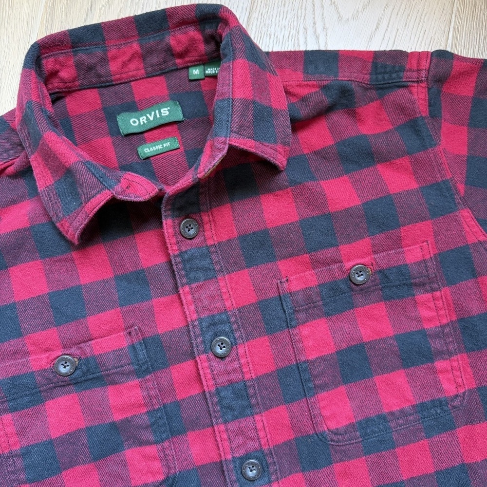 ORVIS Red Black Check Heavy Flannel Button Down Long Sleeve Shirt Men's Medium